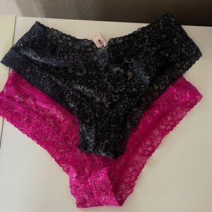2 Victoria’s Secret cheeky panties black and pink with gold sz L new with tags
